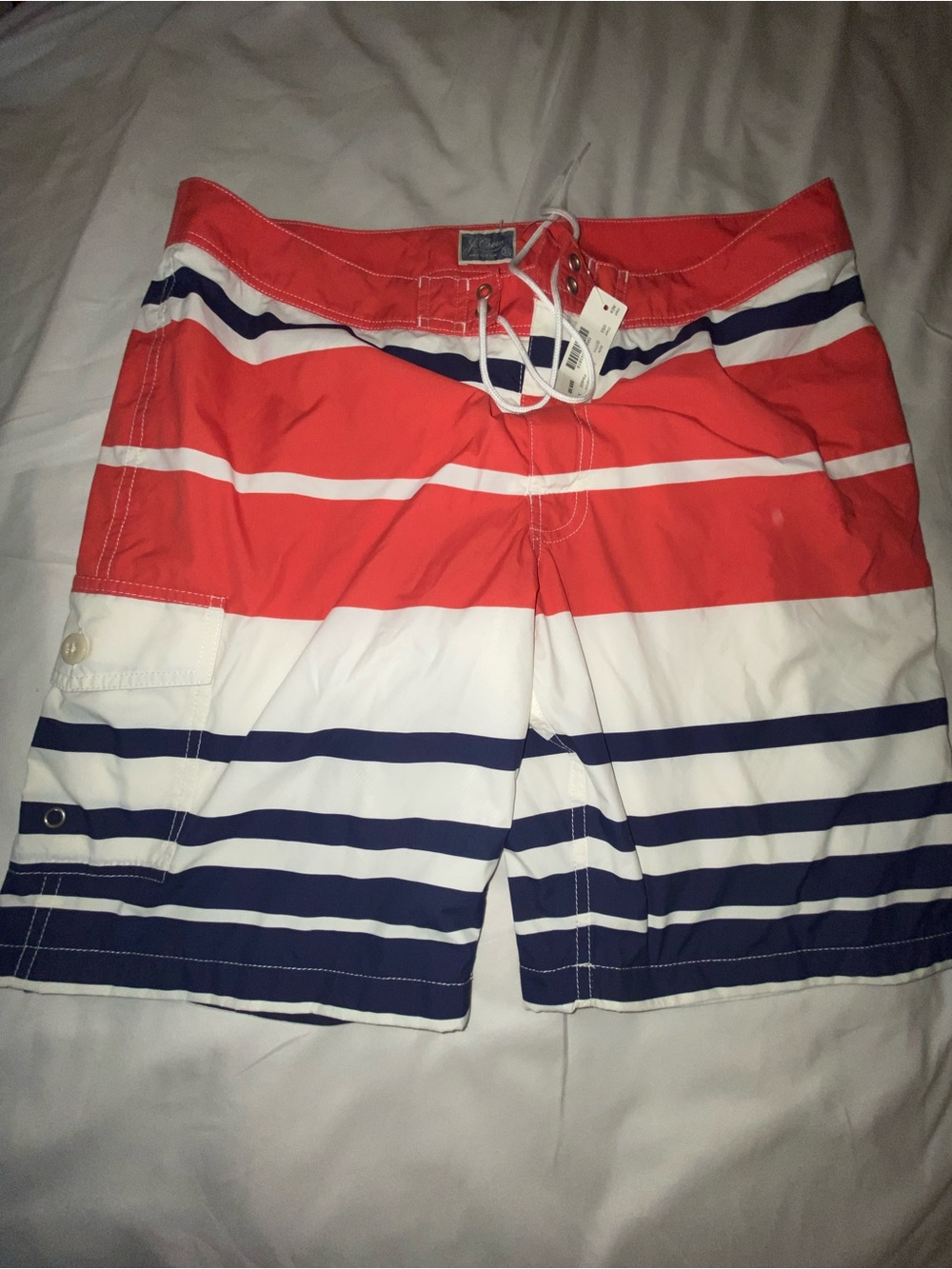 J. Crew Coral, White & Navy Striped Swim Board Shorts size 33